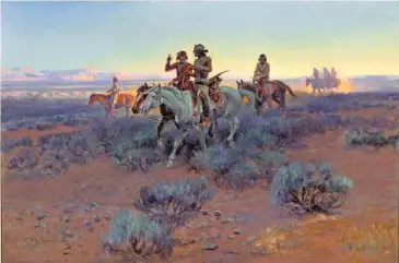  ??  ?? Charles M. Russell (1864-1926), The Navajos, 1919, oil on canvas, 32½ x 44½”. DCWM Collection, Gift of Mr. and Mrs. Aiken Fisher. Photo © Terrence Moore.