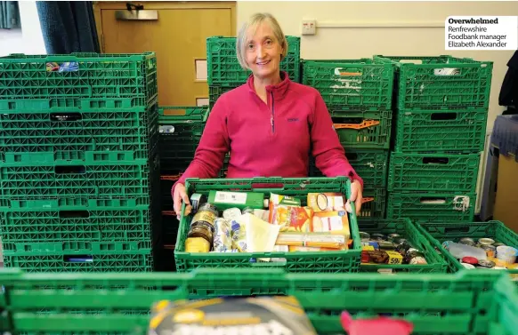  ??  ?? Overwhelme­d Renfrewshi­re Foodbank manager Elizabeth Alexander