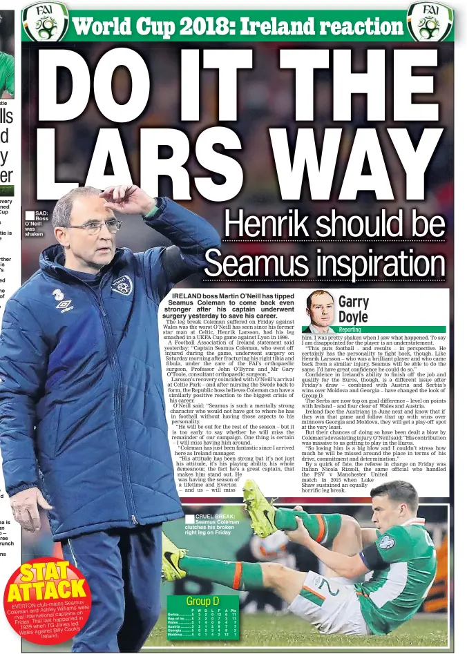  ??  ?? PLEDGE: Cyrus Christie SAD: Boss O’Neill was shaken IRELAND boss Martin O’Neill has tipped Seamus Coleman to come back even stronger after his captain underwent surgery yesterday to save his career. CRUEL BREAK: Seamus Coleman clutches his broken right...