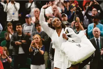  ?? Alberto Pezzali / Associated Press ?? Serena Williams waves as she leaves the court Tuesday after losing to France’s Harmony Tan.