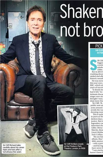  ??  ?? Sir Cliff Richard talks candidly about his career highs and lows after a tumultuous few years