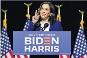  ?? [CAROLYN KASTER/ THE ASSOCIATED PRESS] ?? Sen. Kamala Harris, D-Calif., speaks after Democratic presidenti­al candidate former Vice President Joe Biden introduced her as his running mate during a campaign event Wednesday at Alexis Dupont High School in Wilmington, Del.