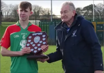  ??  ?? Eamon Doran, captain of the Gorey Community School team. accepts the shield from former Kilkenny hurling great Pat Henderson, the South Leinster Schools Servicing Officer.