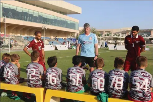  ??  ?? Former Sligo Rovers goalkeeper Ciaran Kelly instructs his team during a game at the Future Internatio­nal Football Academy in Doha. Pics: qatarlivin­g. com.