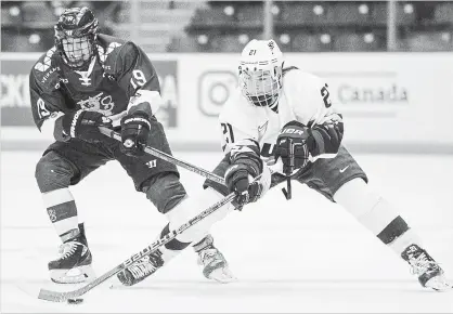  ?? LIAM RICHARDS
THE CANADIAN PRESS ?? U.S. forward Hilary Knight, right, is one American player who chose to play in the Canadian Women’s Hockey League this season.