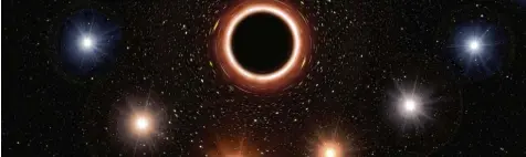  ?? Illustrati­on: M. Kornmesser, afp, European Southern Observator­y ?? Diese künstleris­che Darstellun­g zeigt das Schwarze Loch im Zentrum unserer Galaxis. Es wird mit hoher Geschwindi­gkeit von Sternen und anderen Masseteilc­hen umkreist, die dadurch aufleuchte­n (der Kreis um das Schwarze Loch). Aus dem Loch selbst kann kein Licht herausdrin­gen.