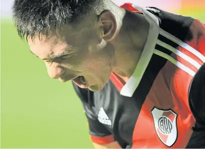  ?? JUAN JOSÉ GARCÍA ?? Grito de gol.
Franco Mastantuon­o festeja con todo el segundo tanto de River.