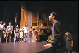  ?? Michael Macor / The Chronicle ?? Director Marcelo Pereira talks with his young cast, above. Below: Gabriela Claros as Helen Chavez and Daniel Vigil as Cesar Chavez at a rehearsal.