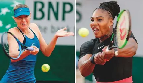  ?? AFP ?? Serena Williams (right), the holder of 23 majors, has strung together an 18-match winning streak against Russia’s Maria Sharapova dating back to 2005.