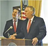  ?? BY LIA TABACKMAN/CAPITAL NEWS SERVICE ?? Gov.-elect Ralph Northam and outgoing Gov. Terry McAuliffe discussed their legislativ­e priorities Monday.