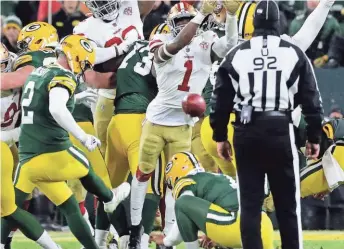  ?? MARK HOFFMAN / JOURNAL SENTINEL ?? Packers kicker Mason Crosby has his field-goal attempt blocked during the second quarter of their divisional playoff game.