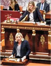  ?? ?? Marine Le Pen, présidente du groupe RN, au micro de l’Assemblée, le 6 juillet.