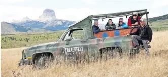  ??  ?? Chief Mountain provides the backdrop for a tour with Blackfeet Reservatio­n guide Alger Swingley. The reservatio­n encompasse­s a 7,800 square kilometre swath of grasslands, foothills, and mountains teeming with wildlife. “This scene hasn’t changed in...