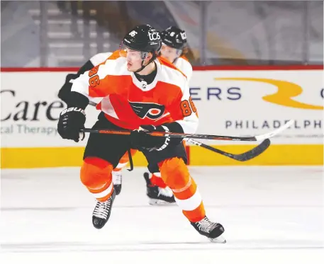  ?? BRUCE BENNETT/GETTY IMAGES ?? Philadelph­ia's Joel Farabee added 20 pounds in the off-season and had a big first game against Pittsburgh Wednesday.