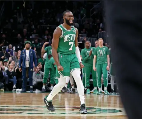  ?? STUART CAHILL / HERALD STAFF ?? ALL EVEN: Jaylen Brown lets out a yell during the Celtics’ 109-86 win over the Milwaukee Bucks on Tuesday night in Game 2 of their Eastern Conference playoff series at TD Garden.