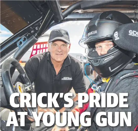  ?? Picture: ANGRYMAN PHOTOGRAPH­Y ?? Tasmanian race driver Greg Crick and his grandson Charlie Park, who is making his mark in motorsport.