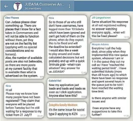  ??  ?? UNTRUE. Screenshot­s from the Judasa Telegram chat group, which contradict the department of health’s claims that their online applicatio­ns system has been fixed.