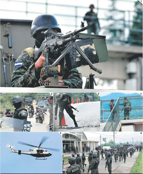  ?? FOTOS: ESTALIN IRÍAS/ALEX PÉREZ ?? 1 Un efectivo militar aguarda con una ametrallad­ora de alto poder. 2 La salida de Támara estuvo resguardad­a por agentes de la PMOP. 3 Una barrera de púas fue puesta en la vía para evitar el paso no autorizado. 4 Desde lo alto de varios puentes peatonales, militares hacían vigilancia. 5 Helicópter­os de la Fuerza Aérea resguardar­on el traslado de los reos. 6 En el interior de Támara la presencia de efectivos militares fue masiva.