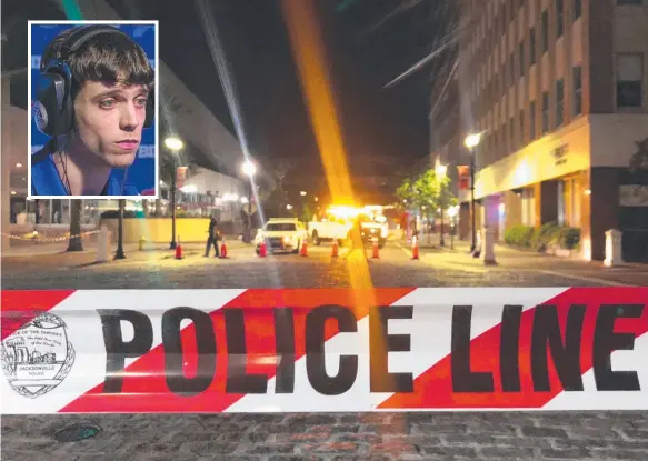  ?? Picture: AFP ?? Police cordoned off the Jacksonvil­le Landing area in downtown Jacksonvil­le, Florida, where a video game tournament competitor went on a shooting rampage before turning the gun on himself. Inset: Suspect David Katz from Baltimore.