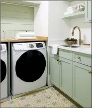  ?? The Washington Post/Courtesy Rebecca McAlpin ?? Designer Glenna Stone put in pale green cabinets, brass accents and a Noga Trinidad patterned cement floor in this laundry room outside Philadelph­ia.