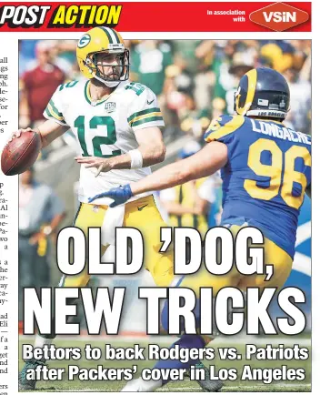  ?? Getty Images ?? POINTS WELL TAKEN: Aaron Rodgers and the Packers will be sizable underdogs on Sunday night in Foxborough, Mass., after covering in that role visiting LA.