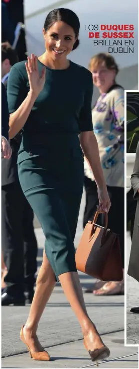  ??  ?? Meghan escogió un look “working girl” de Givenchy en verde, el color simbólico irlandés. Son dos piezas, con una falda lápiz y bolsillos XXL. El bolso, Midi Tote de Strathberr­y (420 euros).