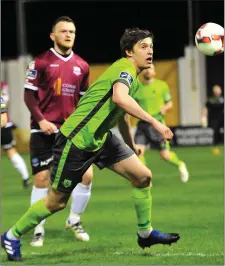  ??  ?? Jake Hyland retrieves possession for Drogheda United, watched by Galway United’s Gary Shanahan.