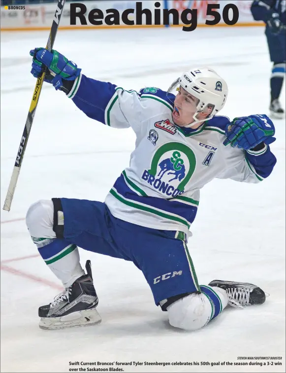  ?? STEVEN MAH/SOUTHWEST BOOSTER ?? Swift Current Broncos’ forward Tyler Steenberge­n celebrates his 50th goal of the season during a 3-2 win over the Saskatoon Blades.