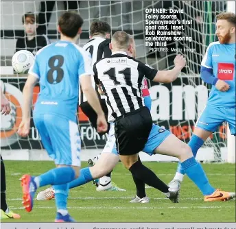  ?? PICTURES: Media Image ?? OPENER: David Foley scores Spennymoor’s first goal and, inset, Rob Ramshaw celebrates scoring the third