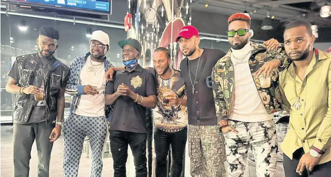  ?? CONTRIBUTE­D ?? From left: Kemar Highcon, Kranium, Barrington Levy, Dexta Daps, Cham, Konshens and Teejay Uptop Boss at the Barclays Centre in New York on Saturday.