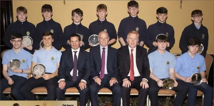  ??  ?? The fifth year Academic Award recipients with retired Chief Superinten­dent John Roche, school principal Michael McMahon and deputy principal John Hegarty.