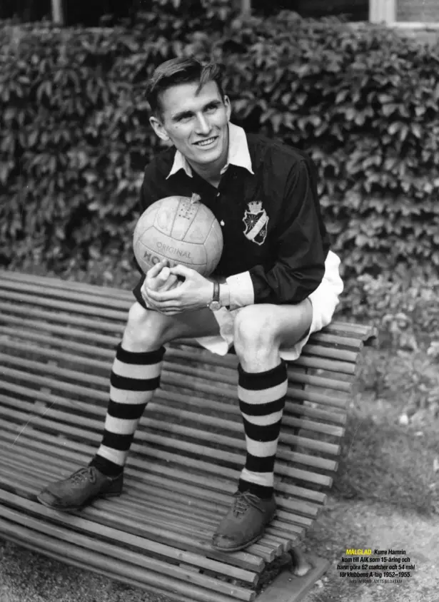  ?? Foto: AFTONBLADE­TS BILDARKIV ?? MÅLGLAD. Kurre Hamrin kom till AIK som 15-åring och hann göra 62 matcher och 54 mål för klubbens A-lag 1952–1955.