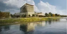  ?? FOTO CMB ?? Een ontwerpbee­ld van de maritieme campus vanop de Schelde bekeken.