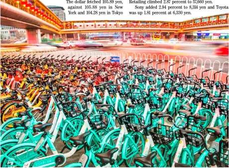  ??  ?? A SCENE of many shared bicycles at an intersecti­on on Zhongguanc­hun Avenue. China’s major bicycle manufactur­ers saw their profits surge 24.8 percent year-on-year in the first half of 2020, according to the Ministry of Industry and Informatio­n Technology.