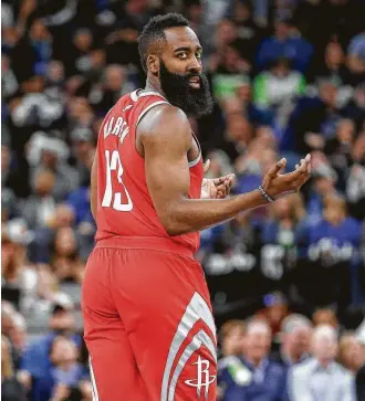  ?? Michael Ciaglo / Houston Chronicle ?? A foul call left James Harden perplexed Saturday night, but the guard doesn’t believe fixing the Rockets’ shortcomin­gs in their Game 3 loss at Minnesota is too confusing a task.