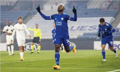  ??  ?? Kelechi Iheanacho celebrates after scoring the first of his two goals in Leicester’s 4-0 Europa League victory over Braga. Photograph: Andrew Kearns - CameraSpor­t/CameraSpor­t/Getty Images