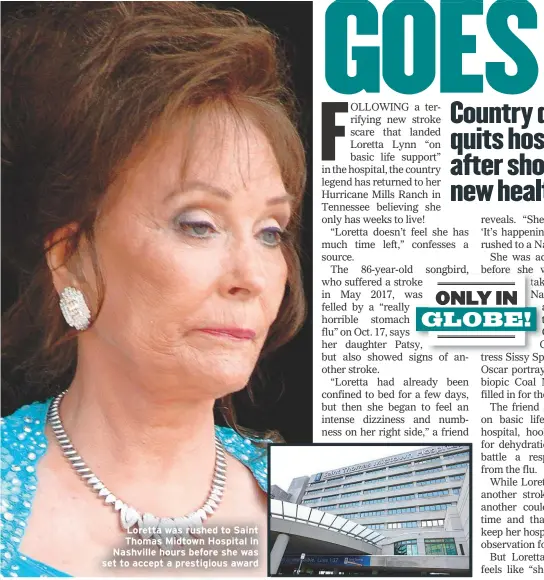  ??  ?? Loretta was rushed to Saint Thomas Midtown Hospital in Nashville hours before she was set to accept a prestigiou­s award