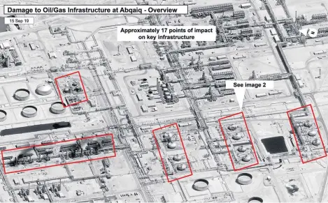  ?? Picture: AP. ?? A satellite image released by the US government showing the damage to the Abqaiq oil plant.