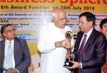  ??  ?? Anil Kumar Sharma, Chairman &amp; Managing Director, Amrapali Group on 28th July, 2010, Hotel Ramada Plaza, 19 Ashoka Road, ND, awarded by Jenab Dr. Farooq Abdullah, Hon’ble Minister of New &amp; Renewable Energy.