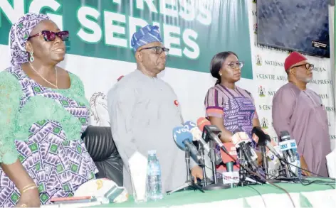  ?? PHOTO: NAN ?? From left: Representa­tive of the Permanent Secretary, Federal Ministry of Informatio­n and National Orientatio­n, Mrs Cornforth Ajiboye; Special Adviser on Informatio­n and Strategy to the President, Mr Bayo Onauga; Special Adviser to the President on Energy, Mrs Olu Verheijen; and the Executive Secretary, Nigeria Press Council, Diti Ezughah, during the 4th Ministeria­l Press Briefing, in Abuja recently.