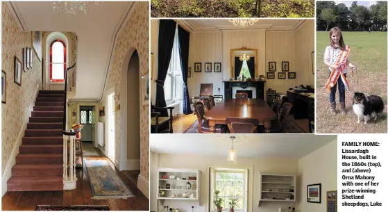  ??  ?? GRAND SCALE: Beautiful hall and staircase at Lissardagh House (above), the impressive dining room (centre) and the kitchen/breakfast room (bottom, right) FAMILY HOME: Lissardagh House, built in the 1860s (top), and (above) Orna Mahony with one of her...
