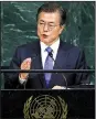  ?? The New York Times/CHANG W. LEE ?? “We do not desire the collapse of North Korea,” South Korean President Moon Jae-in said Thursday in his address to the U.N. General Assembly. He called on world leaders to “peacefully solve” the North Korea nuclear threat.