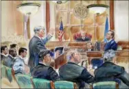  ?? THE ASSOCIATED PRESS ?? This courtroom sketch depicts defense lawyer Kevin Downing asking questions of Rick Gates, as former Donald Trump campaign chairman Paul Manafort, bottom front left, listens during Manafort’s trial on bank fraud and tax evasion at federal court in...