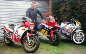  ??  ?? ABOVE: NS400R owner Owen Cashin with two other two-strokes from of his collection of race reps – a light-alloy framed RZV500 Yamaha V4 from Japan and a Honda NSR250R MC28.