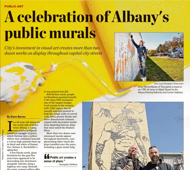  ?? John Carl D'annibale / Times Union ?? Artist Rachel Baxter of Troy paints a mural on an I-787 off ramp on Water Street for the Albany Parking Authority and Center Galleries.