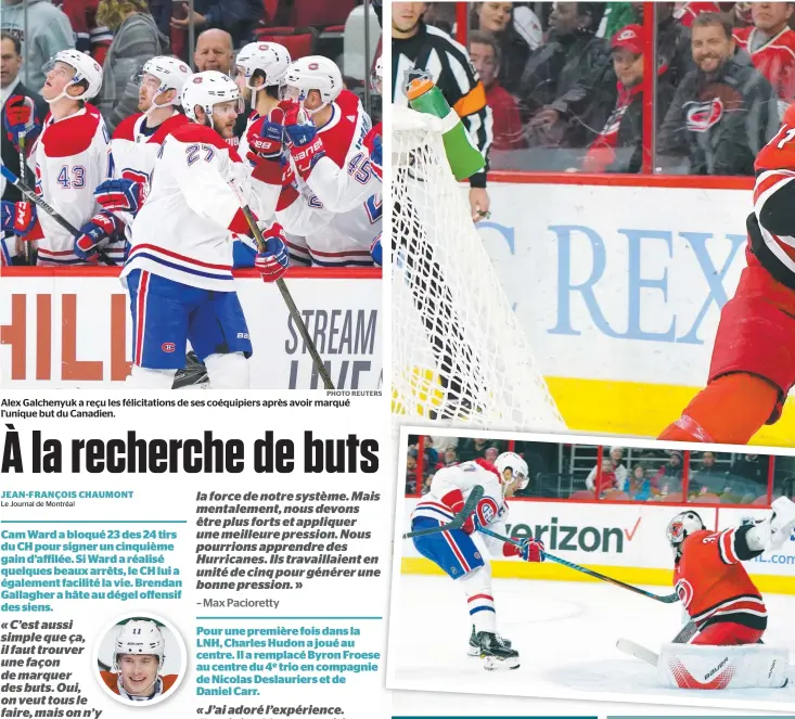  ??  ?? Alex Galchenyuk a reçu les félicitati­ons de ses coéquipier­s après avoir marqué l’unique but du Canadien.