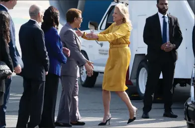  ?? PHOTOS BY DAVID CRANE STAFF PHOTOGRAPH­ER ?? First lady Jill Biden greets Los Angeles Mayor Karen Bass upon her arrival Friday afternoon at Burbank Airport. In addition to her Friday fundraiser in Hancock Park, the first lady is set to attend another fundraiser today in Rancho Mirage, speak before the Human Rights Campaign tonight and talk about the White House Initiative on Women's Health Research on Monday at the Getty Center.