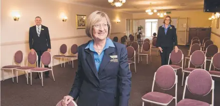  ?? Picture: Nev Madsen. ?? RESTRICTIO­NS EASED: Helping to accommodat­e more guests at Australian Heritage Funeral’s onsite chapel are (from left) Brett Davis, manager Judith McGrath-Colquhoun and Sarah Lang.