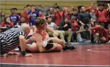  ?? AUSTIN HERTZOG - MEDIANEWS GROUP ?? Owen J. Roberts’ Dylan Bauer finishes his pin at 195 pounds as his team celebrates in the background during the final of the Brian Bealer Memorial Bear Duals Saturday at Boyertown.