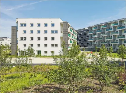  ??  ?? In einer Wohnanlage der Neuen Heimat OÖ, geplant von Architekt Reinhard Drexel, gibt es für die Mieter „hängende Gärten“, also von außen kaum einsehbare private Wohnungsgä­rten.